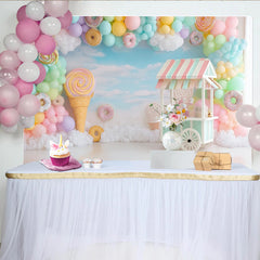 Lofaris Pastel Candy Land Photography Backdrop with Balloons, Dreamy Sweet Shop Background for Kids Party Photoshoot.