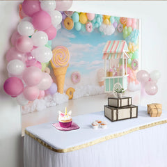 Lofaris Pastel Candy Land Photography Backdrop with Balloons, Dreamy Sweet Shop Background for Kids Party Photoshoot.