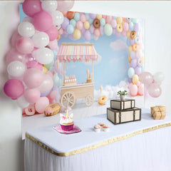 Lofaris Pastel Sweet Birthday Backdrop with Balloons and Donuts, Charming Candy Cart Ice Cream Party Decor for Photoshoot
