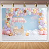 Lofaris Pastel Sweet Birthday Backdrop with Balloons and Donuts, Charming Candy Cart Ice Cream Party Decor for Photoshoot