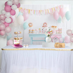 Lofaris Sweet Candy Birthday Backdrop with Pastel Balloons and Dessert Table, White Wood Photography Background for Party Decor
