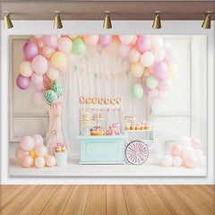 Lofaris Pastel Balloon Birthday Backdrop with Dessert Cart and Bunting Banner, Sweet Party Decoration for Studio Photoshoot