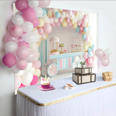 Lofaris Pastel Balloon Birthday Backdrop with Fluffy Clouds and Candy Cart, Sweet Shop Party Decor for Girls Photoshoot