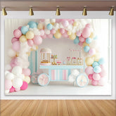 Lofaris Pastel Balloon Birthday Backdrop with Fluffy Clouds and Candy Cart, Sweet Shop Party Decor for Girls Photoshoot