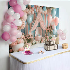 Lofaris Pink and Blue Floral Balloon Baby Shower Backdrop with Drapes and Chair, Dreamy Photography Background for Gender Reveal Party