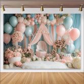 Lofaris Pink and Blue Floral Balloon Baby Shower Backdrop with Drapes and Chair, Dreamy Photography Background for Gender Reveal Party