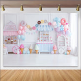 Lofaris Pastel Sweet Shop Birthday Backdrop with Ice Cream and Donuts, Elegant Party Background for Girls Photoshoot