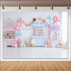 Lofaris Pastel Sweet Shop Birthday Backdrop with Ice Cream and Donuts, Elegant Party Background for Girls Photoshoot
