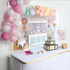 Lofaris Pastel Candy Shop Birthday Backdrop with Balloons and Donuts, Sweet Dessert Party Decor for Kids Photoshoot