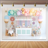 Lofaris Pastel Candy Shop Birthday Backdrop with Balloons and Donuts, Sweet Dessert Party Decor for Kids Photoshoot