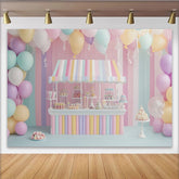 Lofaris Pastel Candy Shop Birthday Backdrop with Balloons and Sweets, Sweet Party Decor for Kids Photoshoot and Celebration