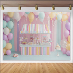 Lofaris Pastel Candy Shop Birthday Backdrop with Balloons and Sweets, Sweet Party Decor for Kids Photoshoot and Celebration