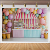 Lofaris Colorful Candy Store Birthday Backdrop with Balloons and Striped Awning, Sweet Dessert Bar Background for Party Decoration