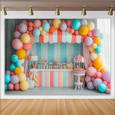 Lofaris Pastel Candy Land Birthday Backdrop with Colorful Balloons and Sweet Shop Theme, Festive Party Background for Photoshoot Decor