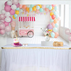 Lofaris Pastel Ice Cream Birthday Backdrop with Balloons and Sweet Cart, White Wood Floor Photography Background for Cake Smash Party