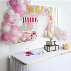 Lofaris Pastel Ice Cream Birthday Backdrop with Balloons and Sweet Cart, White Wood Floor Photography Background for Cake Smash Party