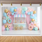Lofaris Pastel Donut Birthday Backdrop with Sweet Dessert Cart and Balloons, Charming Party Decor for Kids Photoshoot and Celebration