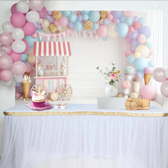 Lofaris Pastel Balloon Candy Cart Birthday Backdrop with Sweet Shop Theme and Bunting, Photography Background for Kids Party Decor
