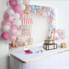 Lofaris Pastel Balloon Candy Cart Birthday Backdrop with Sweet Shop Theme and Bunting, Photography Background for Kids Party Decor