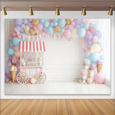 Lofaris Pastel Balloon Candy Cart Birthday Backdrop with Sweet Shop Theme and Bunting, Photography Background for Kids Party Decor