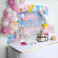 Lofaris Pastel Ice Cream Shop Photography Backdrop with Balloons and Cotton Candy, Sweet Dessert Stand Background for Kids Party Photoshoot