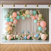 Lofaris Pastel Bird Baby Shower Backdrop with Soft Balloons and Floral Arch, Elegant Party Background for Photoshoot Decoration