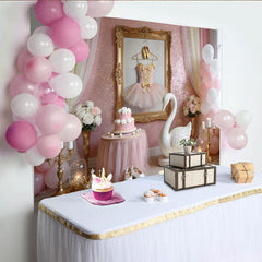 Lofaris Pink Ballerina Birthday Backdrop with Tutu, Golden Shoes and Swan, Elegant Princess Party Decor for Girls Photoshoot