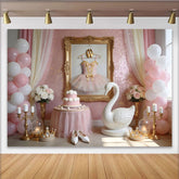 Lofaris Pink Ballerina Birthday Backdrop with Tutu, Golden Shoes and Swan, Elegant Princess Party Decor for Girls Photoshoot