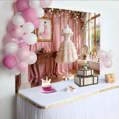 Lofaris Elegant Pink Floral Photography Backdrop with Tiered Dress and Roses, Romantic Studio Background for Portrait Photoshoot