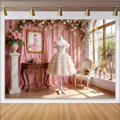 Lofaris Elegant Pink Floral Photography Backdrop with Tiered Dress and Roses, Romantic Studio Background for Portrait Photoshoot