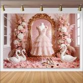 Lofaris Pink Princess Photography Backdrop with Golden Mirror and Swans, Elegant Floral Background for Girls Party Photoshoot