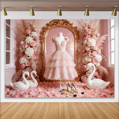 Lofaris Pink Princess Photography Backdrop with Golden Mirror and Swans, Elegant Floral Background for Girls Party Photoshoot