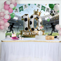 Lofaris Soccer 10th Birthday Backdrop with Golden Crown and Balloons, Green Stadium Field Background for Kids Party Photoshoot