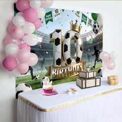 Lofaris Soccer 10th Birthday Backdrop with Golden Crown and Balloons, Green Stadium Field Background for Kids Party Photoshoot