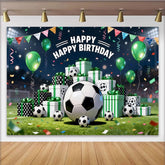 Lofaris Vibrant Soccer Birthday Backdrop with Green Balloons and Gift Boxes, Stadium Field Background for Sports Party Decor