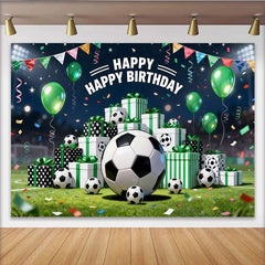 Lofaris Vibrant Soccer Birthday Backdrop with Green Balloons and Gift Boxes, Stadium Field Background for Sports Party Decor