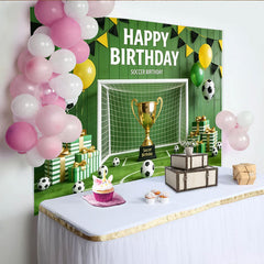 Lofaris Green Soccer Birthday Backdrop with Trophy, Goal and Balloons, Sports Field Background for Kids Party Photography