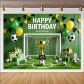 Lofaris Green Soccer Birthday Backdrop with Trophy, Goal and Balloons, Sports Field Background for Kids Party Photography