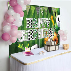 Lofaris Green Soccer Field Sports Birthday Backdrop with Player Silhouettes, Happy Birthday Party Decor and Trophy for Photoshoot