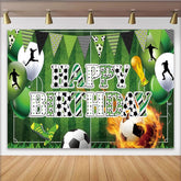 Lofaris Green Soccer Field Sports Birthday Backdrop with Player Silhouettes, Happy Birthday Party Decor and Trophy for Photoshoot