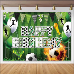 Lofaris Green Soccer Field Sports Birthday Backdrop with Player Silhouettes, Happy Birthday Party Decor and Trophy for Photoshoot