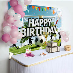 Lofaris Soccer Happy Birthday Backdrop with Golden Trophy and Goal, Green Grass Field Background for Sports Theme Party Decoration