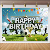 Lofaris Soccer Happy Birthday Backdrop with Golden Trophy and Goal, Green Grass Field Background for Sports Theme Party Decoration