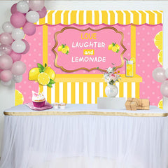Lofaris Pink Lemonade Stand Photography Backdrop with Polka Dots and Yellow Stripes, Love Laughter and Lemonade Sign for Summer Party Decor