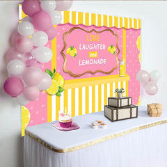 Lofaris Pink Lemonade Stand Photography Backdrop with Polka Dots and Yellow Stripes, Love Laughter and Lemonade Sign for Summer Party Decor