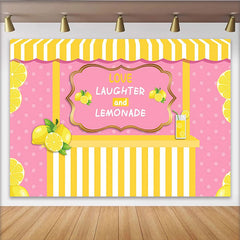 Lofaris Pink Lemonade Stand Photography Backdrop with Polka Dots and Yellow Stripes, Love Laughter and Lemonade Sign for Summer Party Decor
