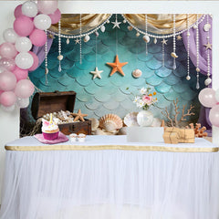 Lofaris Mermaid Photography Backdrop with Teal Scales and Treasure Chest, Ocean Theme Photo Background for Studio Photoshoot