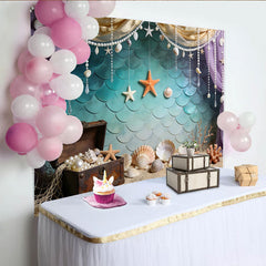 Lofaris Mermaid Photography Backdrop with Teal Scales and Treasure Chest, Ocean Theme Photo Background for Studio Photoshoot