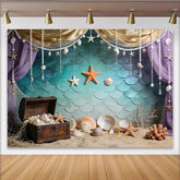 Lofaris Mermaid Photography Backdrop with Teal Scales and Treasure Chest, Ocean Theme Photo Background for Studio Photoshoot
