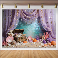 Lofaris Purple Mermaid Treasure Photography Backdrop with Pearls and Seashells, Underwater Fantasy Studio Background for Kids Photoshoot
